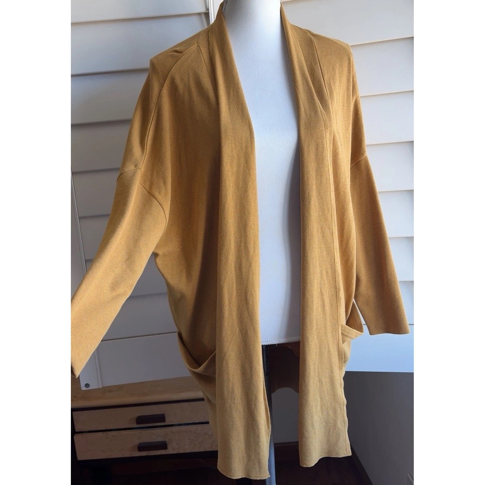 Pact Cardigan Women M/L Mustard Yellow Organic Cotton Open Front Pockets Long